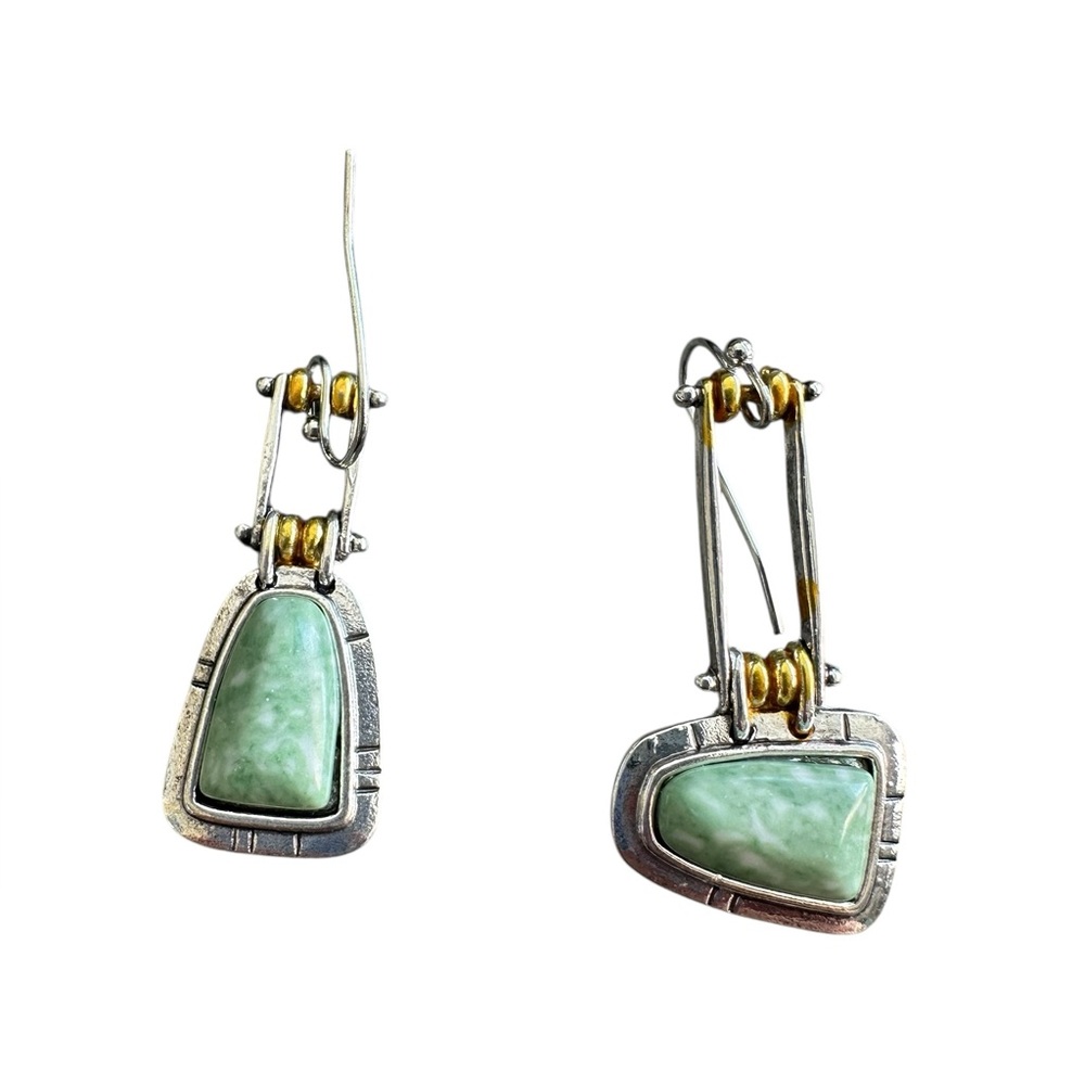 Boho Pale Green and White Speckled Mixed Metal Drop Earrings